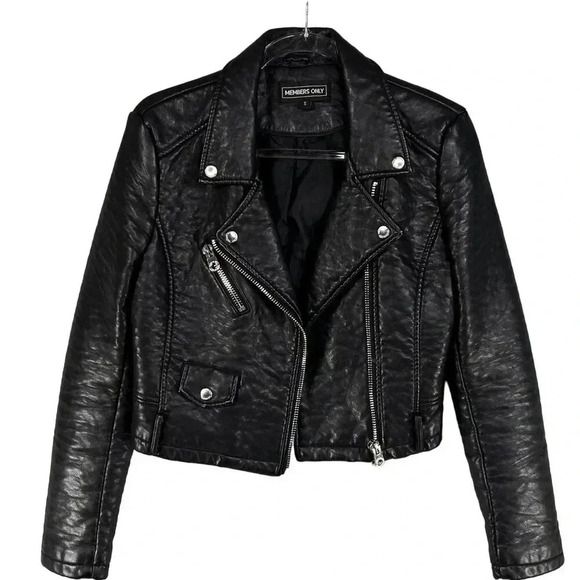 Members Only Womens S Black ASYM Zip Cropped Faux Leather Bomber Moto Jacket Y2K - Picture 4 of 16